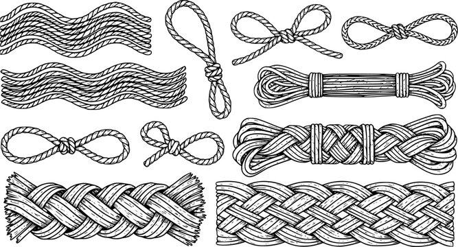Wavy rope curve set. Repeating hemp cord stripes collection. Wavy loop tie braid bundle. Seamless black and white plait pattern. Vector marine twine design elements for banner, poster, frame, border.