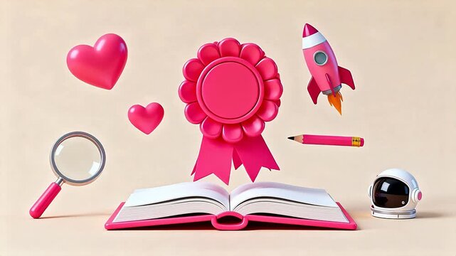 Open book with floating objects