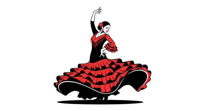 Passionate Flamenco Dancer in Red Ruffled Dress Illustration.