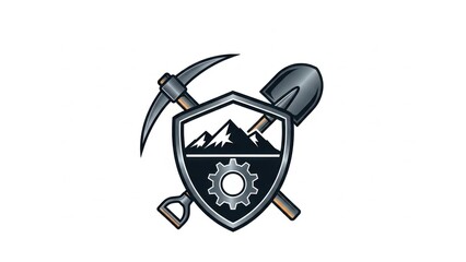 Robust emblem of industry and nature, showcasing mountains, tools, and mechanical strength