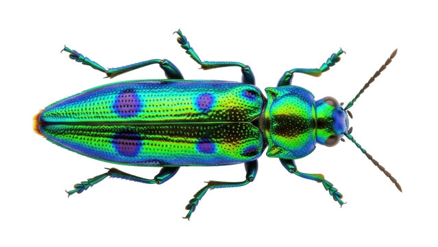 Isolated Jewel beetle close-up showing iridescent green and purple colors with six legs, antennae