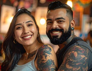 Smiling couple with vibrant tattoos stands close, embracing a shared moment of joy in a softly lit, bustling place