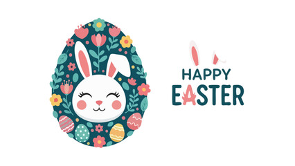Happy Easter Bunny Design with Floral Elements and Festive Greetings © Eka