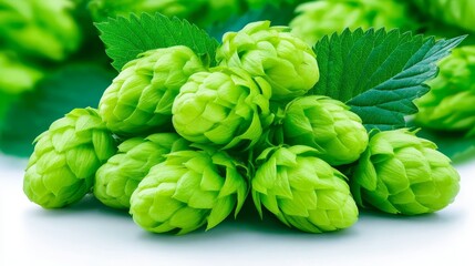 Obraz premium Vibrant pile of fresh green hops is shown with several serrated leaves against clean white background