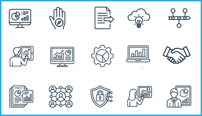 Business and data analytics icon set featuring charts, cloud innovation, project planning, collaboration, cybersecurity, presentation, teamwork, report, gear, timeline