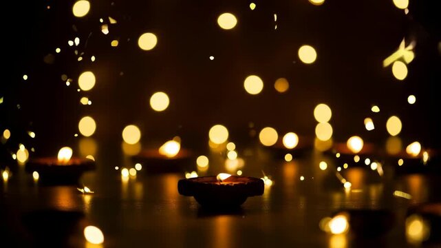 Clay lamp or diya lit during Diwali festival with bokeh lights. Indian holiday celebration with traditional illumination.