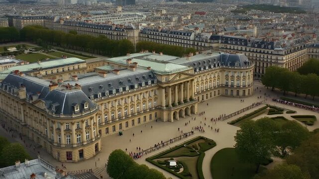 Aerial view of a grand palace and urban landscape