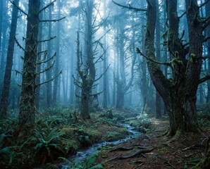 Obraz premium Misty Forest Stream Sunlight Filtering Through Tall Evergreen Trees Lush Ferns and Mossy Branches