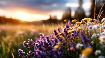 A serene and colorful display of lavender and wildflowers blooming in a lush green field during a stunning sunset, showcasing nature's beauty and vibrant colors.