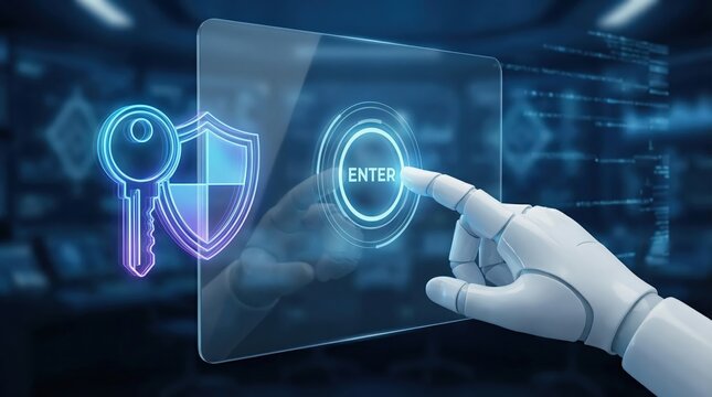 Press enter button on the keyboard computer Shield cyber Key lock security system abstract technology world digital link cyber security on hi tech Dar