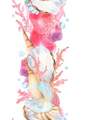 Vertical seamless border of pink corals, seashells, pearls, underwater bubbles. Underwater world clipart. Coral reef. Hand-drawn watercolor illustration for ocean-themed designs, packaging, textile