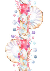 Vertical seamless border of opened seashells with mother of pearl, pink corals, colorful pearls, seashells. Underwater clipart. Hand-drawn watercolor illustration for ocean-themed designs, packaging