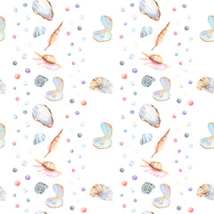 Sea seamless pattern of seashells, murex, colorful pearls, clam. Underwater world clipart. Hand-drawn watercolor illustration for sea-themed design, packaging, textile, wrapping paper, sea wallpapers