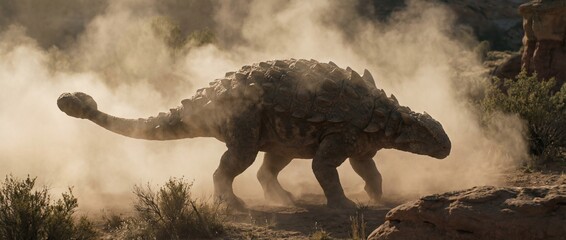 Ancient Ankylosaurus Dinosaur Walking Through Dusty Desert Landscape During Daytime