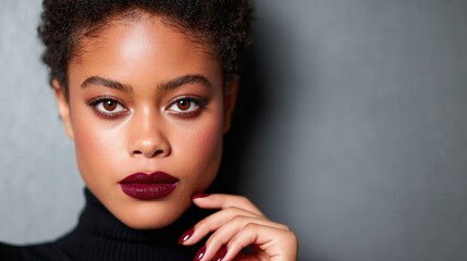 A striking portrait of a woman featuring bold burgundy lips and expressive eyes, showcasing both beauty and confidence against a modern background.