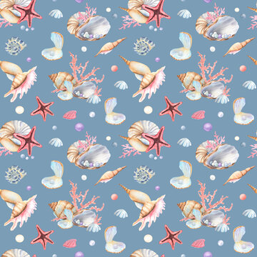 Blue background with seamless pattern of seashells, starfish, murex, pearls, coral, nautilus, spiral shells. Underwater world clipart. Hand-drawn watercolor illustration for sea, ocean-themed designs.
