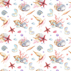 Seamless pattern of seashells, starfish, murex, pearls, pink corals, nautilus, spiral shells. Underwater world clipart. Hand-drawn watercolor illustration for ocean-themed design, textile, wallpapers