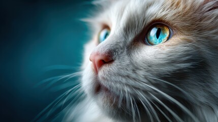 This captivating close-up showcases a white cat with striking blue eyes, focusing on its delicate features and textures that convey a sense of curiosity and charm.