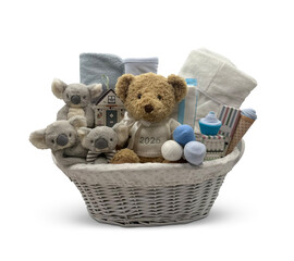Charming Blue Baby Gift Basket with Koala Plush Toys , Little Koalas and Floral Accents Rose-Shaped Cloths  Cut-Out Clipping Path With Adobe Photoshop Pen Tool . PNG Transparent Gift Box Toy Hamper