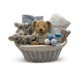Charming Blue Baby Gift Basket with Koala Plush Toys , Little Koalas and Floral Accents Rose-Shaped Cloths  Cut-Out Clipping Path With Adobe Photoshop Pen Tool . PNG Transparent Gift Box Toy Hamper