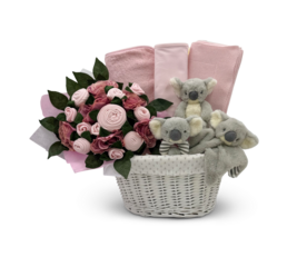 Charming Blue Baby Gift Basket with Koala Plush Toys , Little Koalas and Floral Accents Rose-Shaped Cloths  Cut-Out Clipping Path With Adobe Photoshop Pen Tool . PNG Transparent Gift Box Toy Hamper
