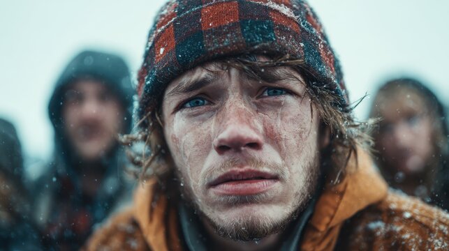 A somber young man gazes intensely at the camera through snowflakes, his expression revealing deep emotions mixed with the chill of a winter day in a chaotic environment.