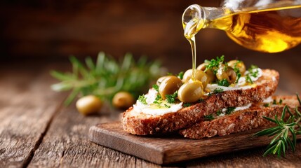 Delicious artisan bread topped with creamy elements and olives, with olive oil being poured, symbolizing culinary delight and wholesome nutrition.