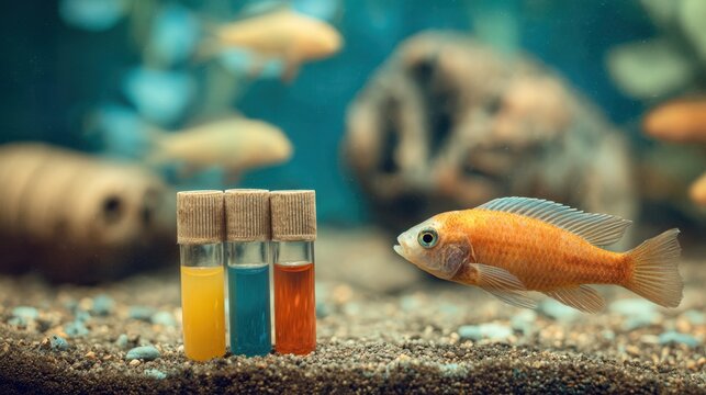 Medium shot of ammonia test kit in use showing vibrant reagent reaction in a sample vial while the fish and tank softly blur behind