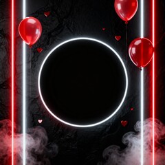 Neon happy birthday frame with red balloons glowing circle on dark textured background