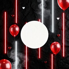 Neon happy birthday frame with red balloons glowing circle on dark textured background