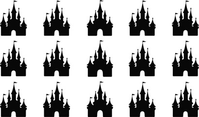 Fototapeta premium Fifteen black castle silhouettes with flags in uniform grid layout, ideal for design, pattern creation, and educational use.