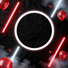 Neon happy birthday frame with red balloons glowing circle on dark textured background