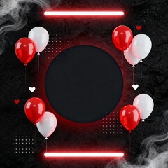 Modern happy birthday card with red and white balloons neon frame on dark background
