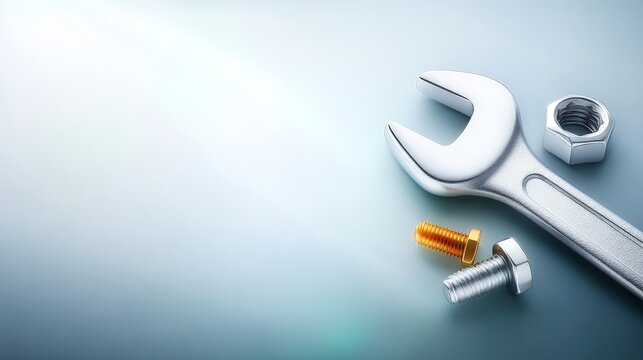 Shiny silver open ended wrench lies on smooth surface alongside silver nut and two bolts one gold and one silver under  bright directional light
