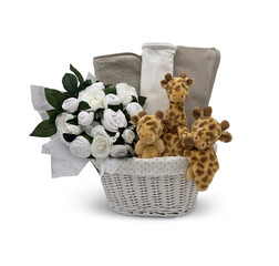 Charming Blue Baby Gift Basket with Koala Plush Toys , Little Koalas and Floral Accents Rose-Shaped Cloths  Cut-Out Clipping Path With Adobe Photoshop Pen Tool . PNG Transparent Gift Box Toy Hamper