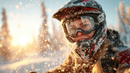 A cheerful female snowmobiler, clad in protective gear, smiles brightly against a snowy backdrop as she embraces the joyous spirit of winter adventure and thrill.