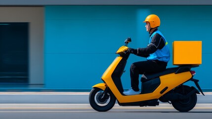 Man rides yellow scooter on busy city street individual travels urban road aboard yellow motorized scooter