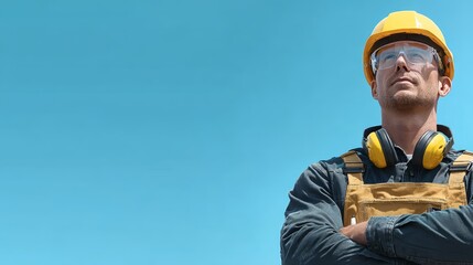 Worker wears hard hat safety glasses for protection professional safeguards head eyes on job site