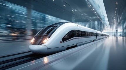 Focused maglev train speeding through an airport terminal backdrop highlighting futuristic highspeed connections for travelers in a blurred environment.