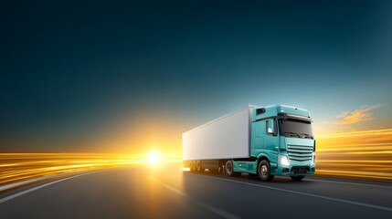 Truck drives highway at sunset creating stunning scene vehicle journeys road as sun descends casting warm glow