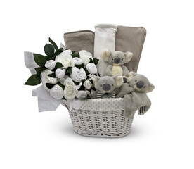 Charming Blue Baby Gift Basket with Koala Plush Toys , Little Koalas and Floral Accents Rose-Shaped Cloths  Cut-Out Clipping Path With Adobe Photoshop Pen Tool . PNG Transparent Gift Box Toy Hamper