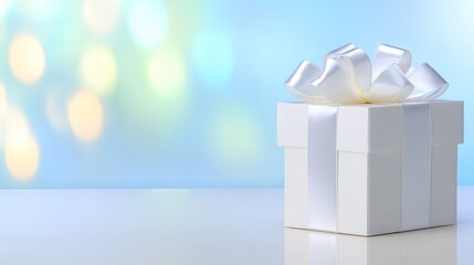 White box with white bow sits on simple background gift box white features elegant white bow