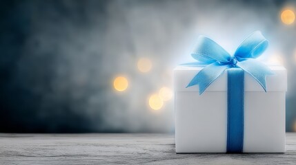 White gift box presents elegantly with blue bow white gift box beautifully tied with bright blue bow