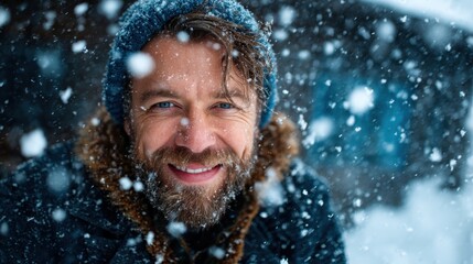 A joyful man smiling warmly amidst falling snowflakes in a winter landscape, embodying happiness and the beauty of a snowy day, radiating warmth and cheer despite the cold surroundings.