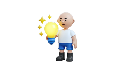 3D Cartoon Boy Holding a Glowing Light Bulb with Stars