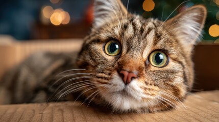 This close-up of an adorable tabby cat with striking eyes captures its relaxed demeanor, showcasing the beauty and charm of feline companionship in a cozy setting.