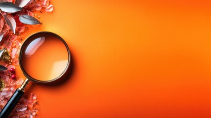A thoughtful arrangement featuring a magnifying glass set against a bright orange background along with decorative elements, inviting exploration and curiosity.