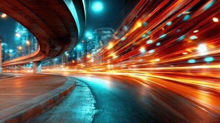 An exhilarating night scene capturing dynamic light trails from moving vehicles, conveying a sense of speed and vibrancy in a bustling urban environment.