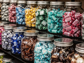 Colorful jars of assorted candies on shelves