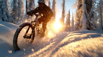 A dynamic mountain biking scene captures an enthusiastic rider speeding through a snowy forest, surrounded by frosty trees and a stunning sunset backdrop.
